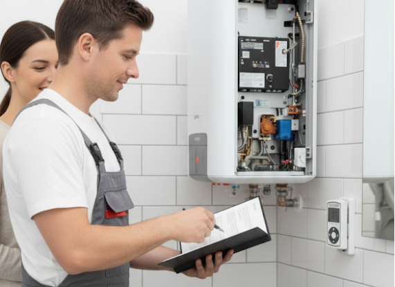 Technician servicing a wall-mounted hot water system in a Gympie home