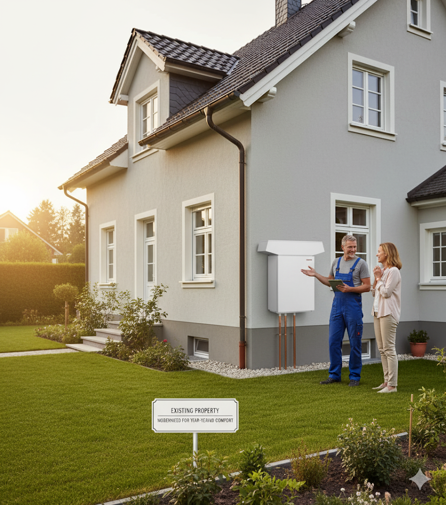 Technician describing an outdoor hot water system installation at a Gympie residence.