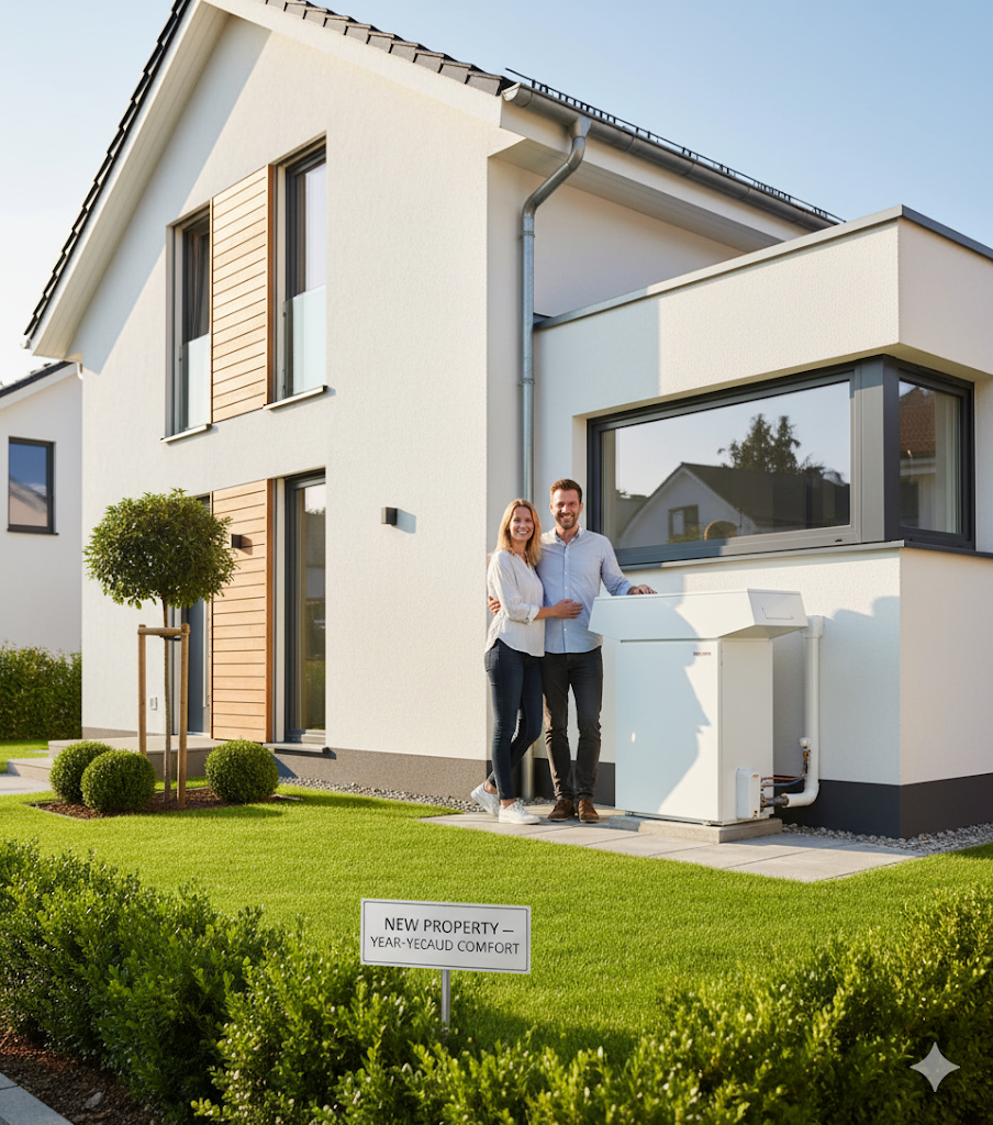 Couple standing next to an outdoor hot water system at a new Gympie home